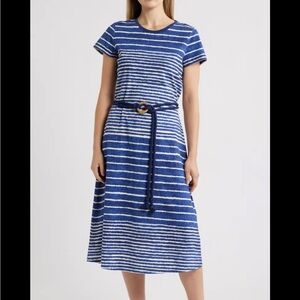 Tommy Bahama Blue and White Striped Short-Sleeve Midi Dress with Rope Belt